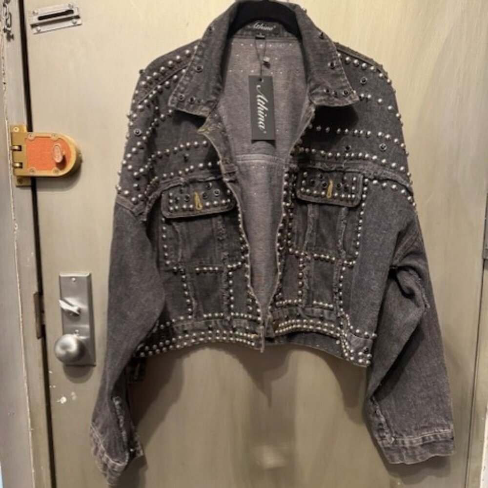 Vintage Style Studded Rivet Distressed Denim Punk Style Bolero / Cropped Jacket